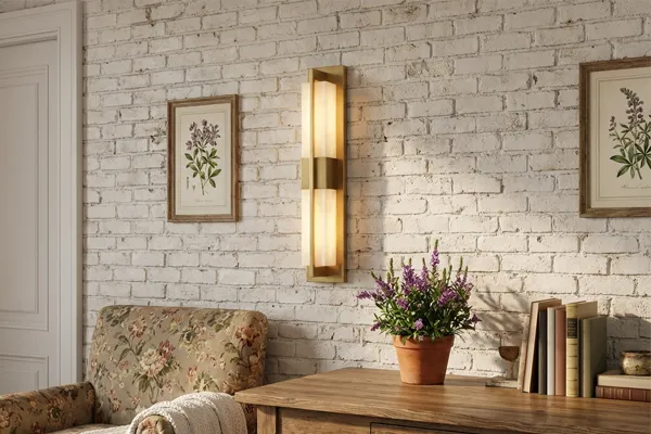 Alabaster and brass wall sconce on white brick living room wall