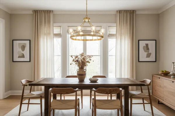 Brass ring chandelier over wooden dining table