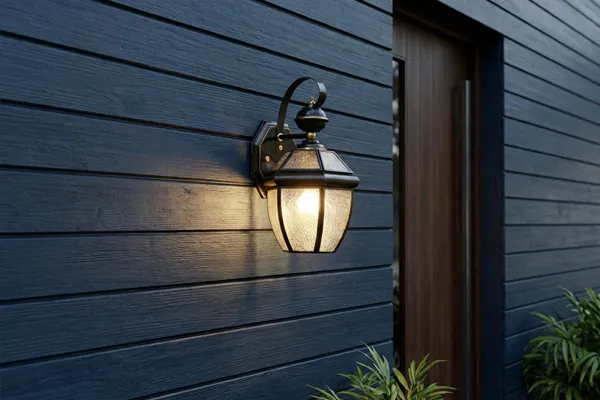 Brass entry wall lantern on navy blue siding by front door