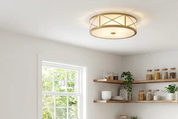 Brass drum flush mount ceiling light in white kitchen
