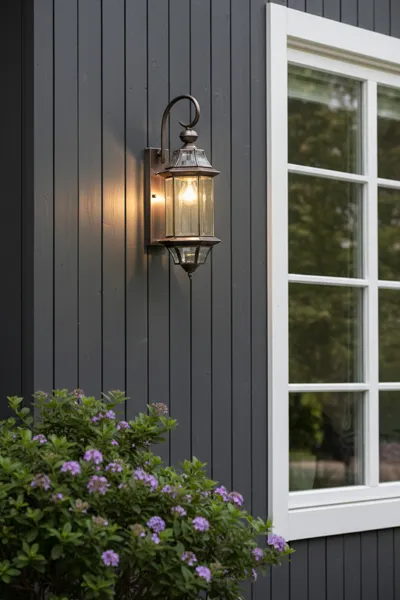 Outdoor brass wall lantern on dark gray siding by window