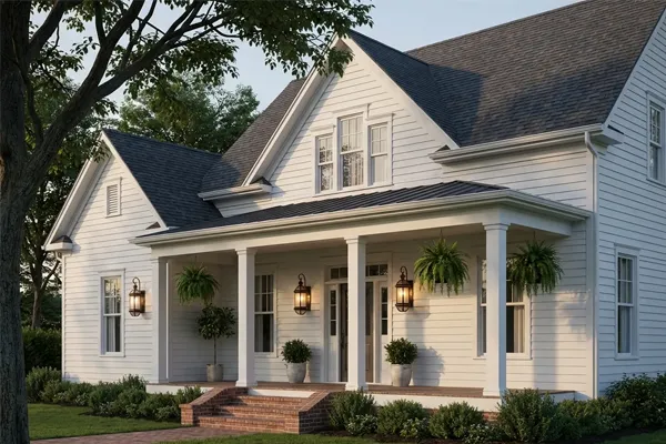 Three hanging brass lanterns on white farmhouse porch