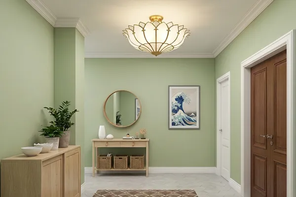 Petal brass semi-flush ceiling light in sage green entryway