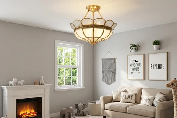Scalloped brass semi-flush ceiling light in kids playroom