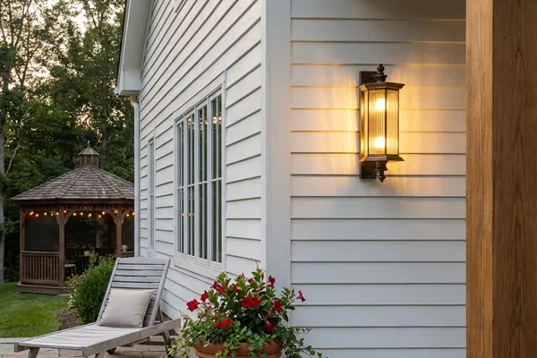Lit brass wall lantern on white siding above patio chair
